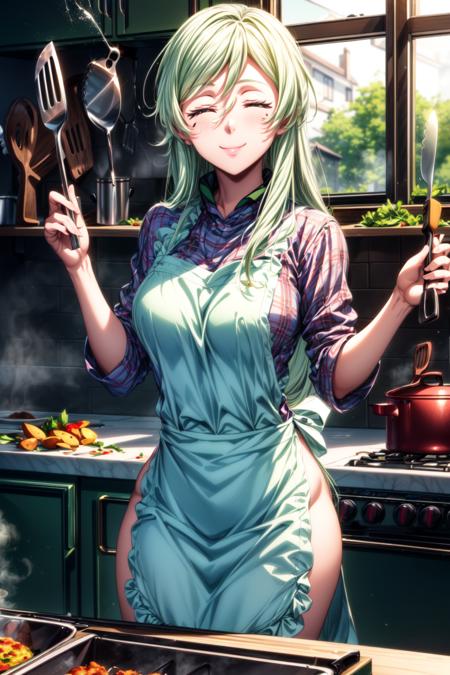 best quality, masterpiece, 1girl, (solo:1.1), raytracing, ultra detailed,detailed face, 8k wallpaper, (large breasts, wide hips:1.2), <lora:more_details:1>, TreyniTensuraNDV, (green hair:1.2), very long hair, under-eye marks, long hair, smile,  <lora:TreyniTensuraNDV:0.7>, (apron, frying potatoes, frying pan, kitchen spatula, kitchen, closed eyes,happy, steam, fire, kitchen stove:1.3)