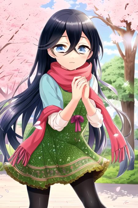 Tokisaka Chitose, 1girl,  long hair, solo, cherry blossoms, black hair, blue eyes, pantyhose, dress, petals, looking at viewer, day, outdoors, scarf
<lora:grimoire-v1.0:1>