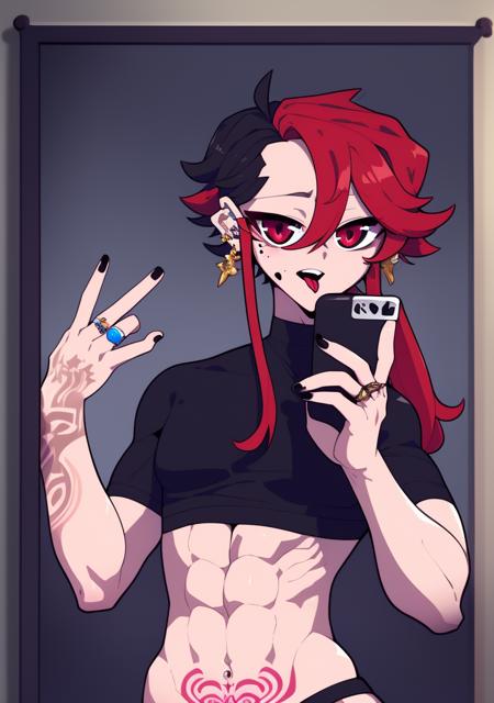 tongue piercing, male focus, 1boy, phone, tongue, piercing, tongue out, tattoo, cellphone, solo, jewelry, red hair, multicolored hair, ring, black hair, holding phone, smartphone, ear piercing, selfie, red eyes, black nails, holding, earrings, looking at viewer, arm tattoo, mirror, abs, navel, open mouth, mole under eye, mole, virtual youtuber
<lora:ä»æ²¢-02:1>