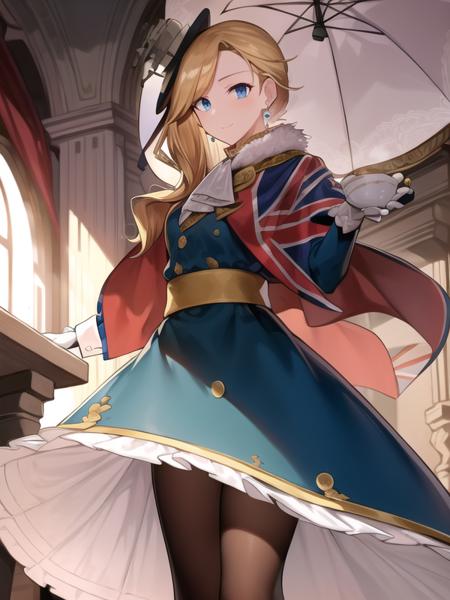 (hyper extreme detailed),(masterpeace),(hyper extreme),(photorealistic),CG,(colour:1.2), beautiful lighting,light from the front,solo,  <lora:hood:1>,hood,blonde hair,blue eyes,black pantyhose,earrings,gloves ,jewelry,long hair,blue anad white long skirt,blue long dress,shoes,union jack,frilled_dress,hat,