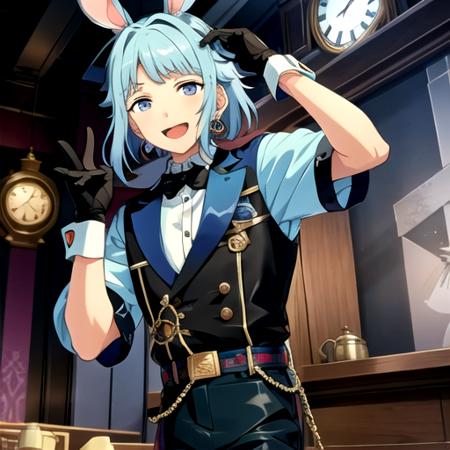 <lora:HajimeES-08:0.8>, hajimees, looking at viewer, smile, open mouth, blue eyes, gloves, animal ears, jewelry, earrings, black gloves, belt, rabbit ears, fake animal ears, clock, bishounen, pocket watch