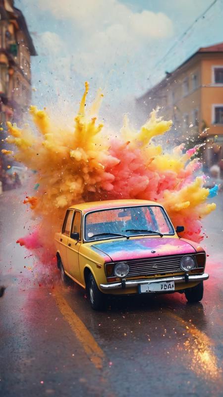 car Lada, splashes, drops of multi-colored paint, puffs of multi-colored smoke, bokeh, sparkles, sparks, intricate illustration, masterpiece of photo art, unrealistic engine, super realistic photogra