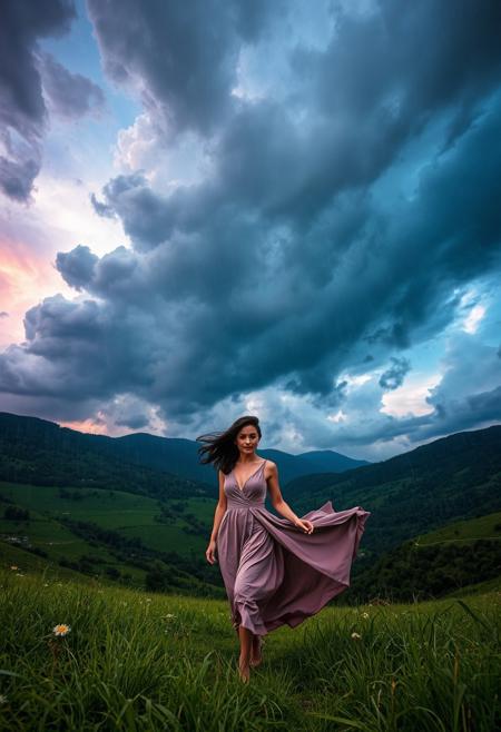 Una escena impresionante de una tormenta majestuosa donde múltiples arcoíris bien definidos se entrelazan entre las nubes oscuras y relámpagos iluminan el cielo con destellos místicos. La lluvia cae suavemente, reflejando los colores vibrantes del arco iris en cada gota. En el primer plano, una mujer elegante camina con gracia a través de un extenso valle verde, con el viento ondeando su vestido largo y fluido de seda. Su postura es imponente y llena de confianza, con una mirada serena y penetrante. Su cabello oscuro y ondulado flota con la brisa, capturando la esencia del momento. Cada detalle es nítido y bien definido, desde la textura del vestido hasta la suavidad de su piel. La iluminación cinematográfica realza los contrastes entre la tormenta y los colores vivos, aportando una profundidad asombrosa a la imagen. Capturado con una estética fotográfica en 4K ultra-realista, con una composición perfecta donde la mujer y la tormenta de arcoíris crean una armonía visual espectacular.