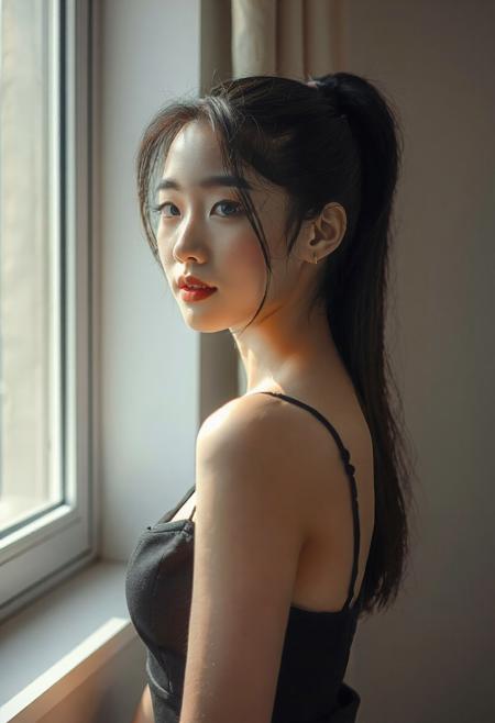 DSLR-style, slender, elegant 26-year-old Korean model, translucent pale skin with natural texture, soft shadow on cheek, diffused daylight from side, parted lips, clean background, solo, masterpiece, ultra high-res  
<lora:NOOB_vp1_detailer_by_volnovik_v1:1>
barely visible pores, subtle skin texture variation, translucent skin tone
masterpiece, best quality, highly detailed, score_9, score_8_up, score_7_up, score_6_up, score_5_up, score_4_up, Expressiveh
BREAK,
solo, vietnamese, ((asian)), 18 year old girl, cute face, (blue eyes:0.5), (bold eyeliner:0.5), , flawless skin,, (fit body), (wide waist), perfect ass, (black hair), , medium breasts, perky breasts, perfect breasts, , perfect face, medium length hair, 
BREAK
indoors, black dress, underboob cutout, pencil skirt, high ponytail, camisole dress, window, window fog,windowsill, spaghetti straps