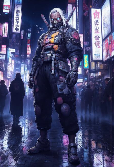 A futuristic cyberpunk street samurai character standing in a neon-lit city alley at night, wearing a fusion of traditional Japanese armor and modern streetwear. The character has glowing cybernetic eyes, sleek silver hair, and a high-tech katana on their back. The city background is filled with holographic ads, rain-soaked pavement, and reflections. High detail, ultra-realistic textures, cinematic lighting, vibrant color contrast, high dynamic range, viewed through a human eye