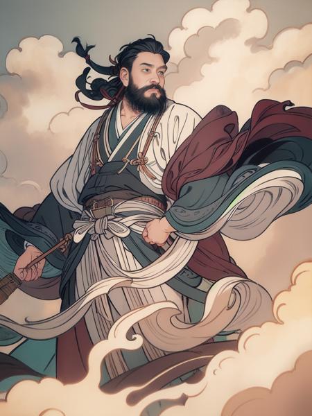 full_body, masterpiece, traditional_media, best quality, realistic, extremely detailed CG , 1boy, beard, hanfu, long sleeves, portrait, solo, ribbon, Belt fluttering, cloud, sky ,pneumatic, handsome ,thin, wide shot
 <lora:qinglongsi-3.2:0.7>