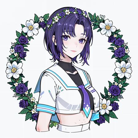 ((best quality)), ((masterpiece)), ((ultra-detailed)), (illustration), (detailed light), (an extremely delicate and beautiful), a girl, cute face,(plant house),(glass), <lora:animeLineartMangaLike_v30MangaLike:0.7>,[(white background:1.5),::5],simple background, wreath, (round floral framed:1.5),cropped shoulder, <lora:CarolV3.5:0.7>, purple eyes, c-serafuku,short sleeves,white cropped jacket, looking at viewer, upper body, medium breasts, flower,left side,light smile,