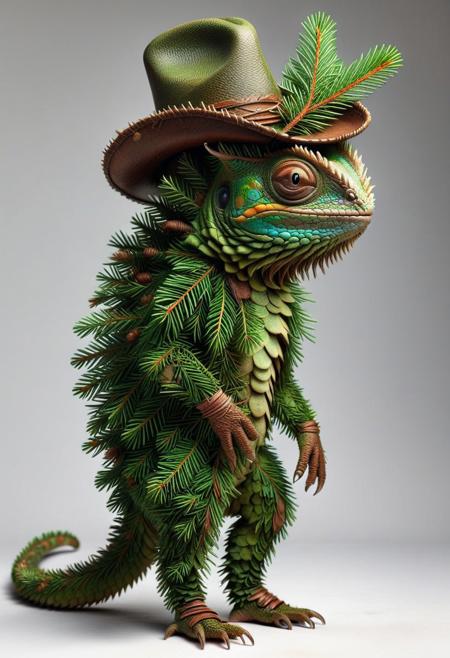 aesthetic, masterpiece, absurdres, realistic, raw photo, intricate details , surreal,
fir needle style,
 studio quality, full figure, fashion photography, 
An anthropomorphic chameleon made out of fir needles, wearing a cowboy hat, fashion pose,