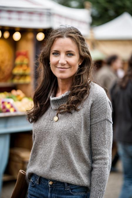 <lora:Orla_Brady:1> masterpiece, best quality, 1girl, solo, o1873b, brown_eyes, realistic, brown_hair, long_hair, posing, walking through a A lively fair with jugglers, minstrels, and food vendors  wearing a Slate Gray jumper and blue jeans