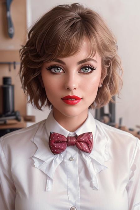 photo of a woman, <lora:michellejohnson-03:0.5>, michellejohnson,((short hair):1.1) ((bowtie, white shirt):1.2), ((closeup, portrait)),((garage, tools, workbench):1.2),((red lipstick, eyeliner, eye shadow, blush)), ((best quality, masterpiece, extreme details, high resolution):1.2),((detailed eyes, beautiful eyes, detailed face, beautiful face):1.2) ,(epicphoto)