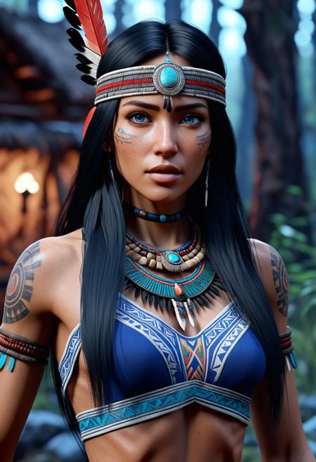High resolution ultra-realistic of Mysterious beautiful native American with black hair, utra-realistic body, 8k, fantasy style, bright forest, colorful ruins, cinematic lighting, bright colors, sharp focus, dramatic atmosphere, Realistic beautiful blue eyes, female native American, Intricately Designed body covered in traditional outfit, beautiful, Silent Stance, CGSociety, slim body, perfect skinny figure, beautiful perfect detailed pupils, ultra quality, Cinematic Lighting, defiant, 8K, full body, full-figured, full frame, tribal tattoos, dressed, clothed