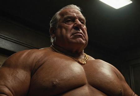 (photo, realistic, raw), (nighttime, at night, dark, dark hard shadows, cinematic atmosphere, movie grain, hazey atmosphere), closeup from below, (brute, etherial, spiritual, emperor, king, god), old burly buff gentleman, old manly mature man, combed back hair,  doublechin, old tanned grandpa, wrinkly neck, proud big chest, thick neck, armpits, tanned skin, tight golden spandex, gold jewellery, gold necklace, in a dark locker room at night, nighttime, arrogant disgusted disappointed smile, intimite situation, romantic atmosphere, stern, serious, angry, sad expression, belly and pecs from below