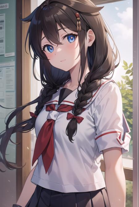 shigure, <lora:shigure-lora-nochekaiser:1>, 
shigure, ahoge, brown hair, blue eyes, braid, hair ornament, hair over shoulder, long hair, single braid, hair flaps,
BREAK black gloves, black serafuku, black shirt, black skirt, fingerless gloves, gloves, neckerchief, pleated skirt, red neckerchief, sailor collar, school uniform, serafuku, shirt, skirt, white sailor collar,
BREAK looking at viewer, 
BREAK indoors, classroom,
BREAK <lyco:GoodHands-beta2:1>, (masterpiece:1.2), best quality, high resolution, unity 8k wallpaper, (illustration:0.8), (beautiful detailed eyes:1.6), extremely detailed face, perfect lighting, extremely detailed CG, (perfect hands, perfect anatomy),