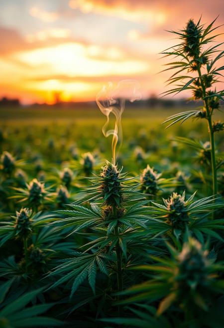 vibrant cannabis field, (lush green leaves:1.4), (sunset glow:1.2) casting warm light over the plants, (detailed textures:1.5), smoke swirling softly in the air, (cannabis buds:1.3) glistening with trichomes, peaceful and serene atmosphere, (natural light:1.4), wide field stretching into the distance, (colorful sky:1.2) with shades of pink and orange, (high-definition:1.6), (ultra-realistic textures:1.5), close-up details of cannabis plants, (soft focus in the background:1.2), modern, laid-back aesthetic, perfect for a cannabis culture feature, chill and relaxed vibe, (overexposed:-1.4), (unnatural colors:-1.5), (blurry:-1.6), (low-resolution:-1.7), (harsh lighting:-1.5), (distorted textures:-1.6)