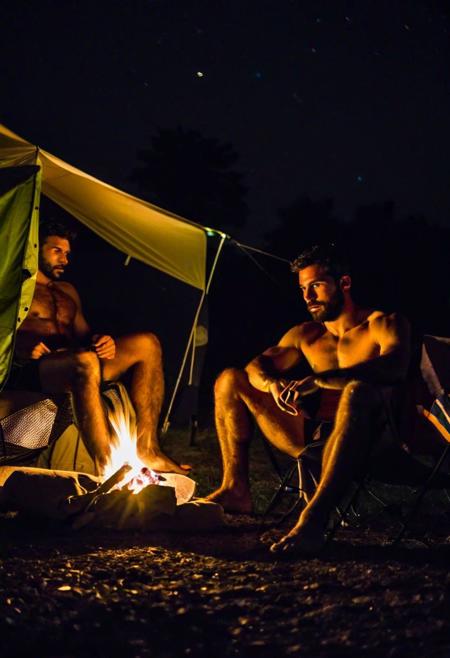 Two hairy chested fit italian men in a campsite, shirtless, sitting in a camping tend, a fire lit in front of the tent, in a dark night, close up photo, moonlight