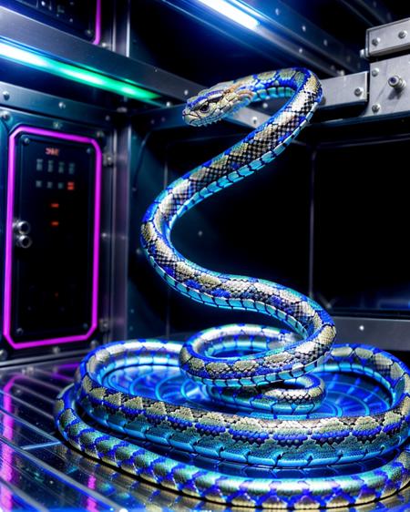 (<lora:flux-metallic-snake:1> metallic snake, metal snake, snake:1.5), snake in polished metal, segmented plates, glowing neon lights, cyberpunk server room, holographic displays, digital flux, flowing data streams, matrix-like atmosphere, futuristic design, blue and purple neon, glowing circuitry, high-tech environment, cinematic lighting, dramatic shadows, sleek and futuristic,