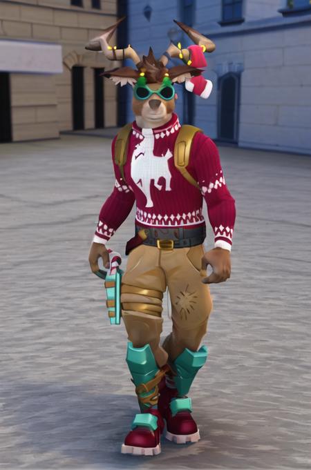 <lora:Fortnite_Dolph-000090:0.75>, Fortnite_Dolph, Novelty Glasses, Christmas Sweater, Belt, Christmas Stocking, Christmas Lights, Candycane, Pistol Holster, Christmas Ball Ornament, Khaki Pants, Shin Guards, Boots, (((City Street))), volumetric lighting, cgi, 3d, octane render, clouds, ambient occlusion