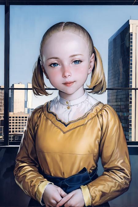 <lora:hhy-000006:.8>,Skyscrapers as background,portrait,young female,upper body,school uniform,golden hair,pigtail,blue eyes,standing,Floor-to-ceiling windows,smile,looking at viewer,1girl,