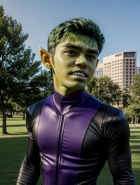 best quality, masterpiece, highres, detailed, digital artwork, <lora:Detail - add_detail:0.2>, BeastBoy,  <lora:BeastBoy-10:0.8>, tooth, 1boy, green skin, outdoors, purple and black bodysuit, cosplay, convention, city,