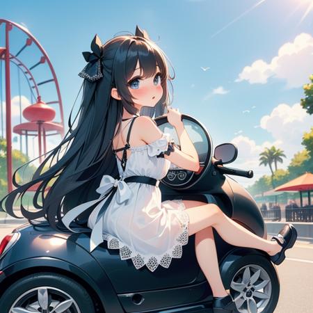 mini car from behind looking viewer ground of amusement park hand on steering wheel cute little dress