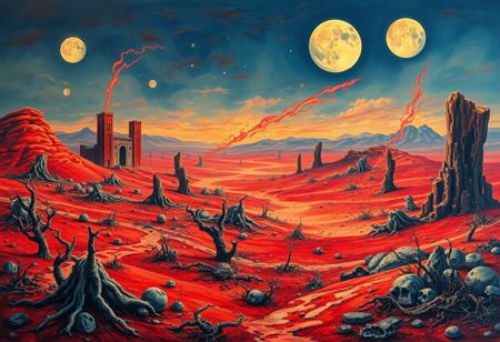 Masterpiece classical oil painting style, surrealism, absurdism, impressionism, intricately detailed, showing a vast alien fantasy dystopian, red sand landscape, dead vegetation, the ruins of a once great alien civilization, brush strokes, masterfully layered and textured paint gives a true sense of depth to the painting, multiple moons in the sky lend a slight blue cast to the whole scene, achieved by a blue wash applied over the finished painting,
