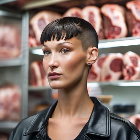 bellahadid <lora:bellahadid_lora_xl:1> a beautiful woman, 26 years old, with a crew cut hairstyle with black fade hair and bangs!!!!!!, in a paris butcher shop, surrounded by hang meat, (high detailed skin:1), 8k uhd, dslr, soft lighting, high quality, film grain, Fujifilm XT3