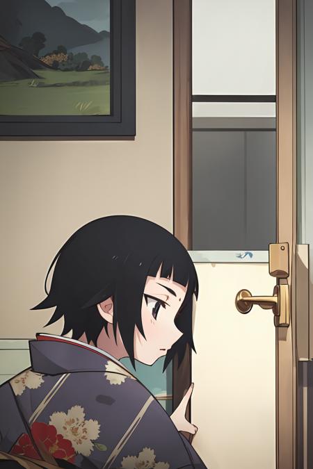 (masterpiece:1.2), ultra detailed, <lora:MatoiTsunetsuki:0.7>, Matoi, (hiding), behind a door, (crouched), kimono, bedroom, persistent stare, best quality, (side view:1.2)