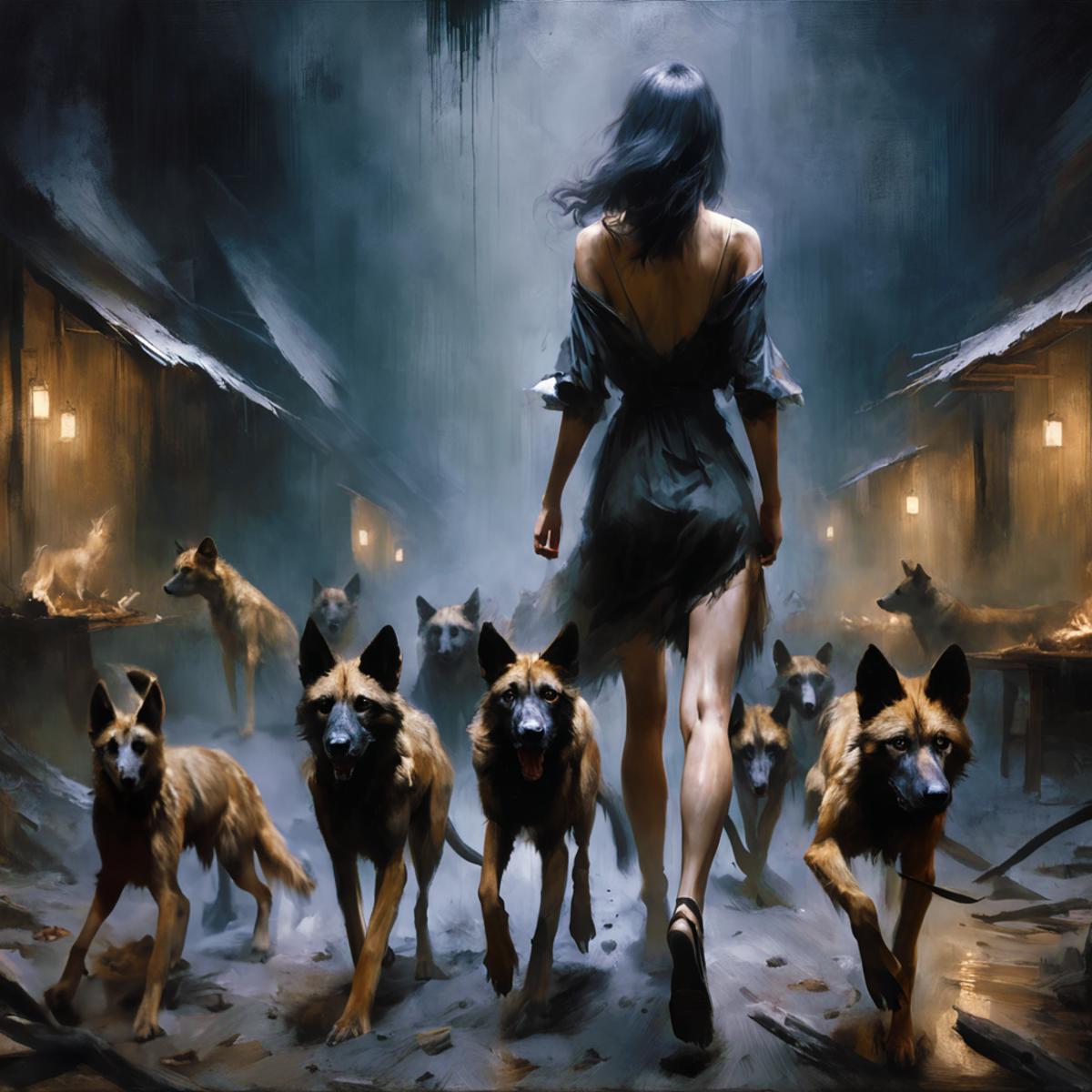 A woman walking through a dark, eerie room filled with large German Shepherds.