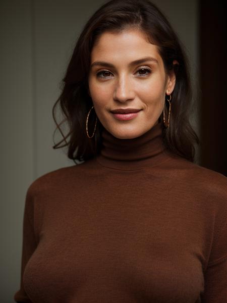 Realistic photo of a beautiful g3mm44 woman, 1girl, solo, breasts, looking at viewer, smile, brown hair, shirt, long sleeves, brown eyes, jewelry, earrings, pants, indoors, medium hair, sweater, lips, turtleneck, realistic, soft lighting, professional Photography, Photorealistic, detailed, RAW, analog, sharp focus, 8k, HD, high quality, masterpiece<lora:g3mm44:1.0>