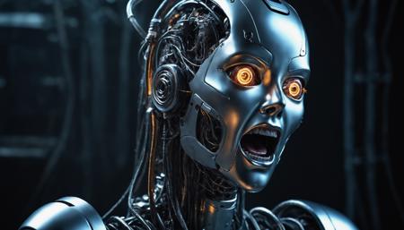[screaming:shocked] decapitated head placed upright [staring deeply at the camera: wires sticking out of it, and blinking lights, expressive eyes:1.4], she is drowning in information