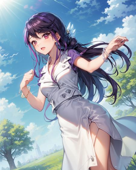 1girl, ruri, purple hair, bracelet, long hair, 
outdoors, park, grass, 
blue sky, sun, sun rays, 

<lora:Ruri v2 e6:0.75>