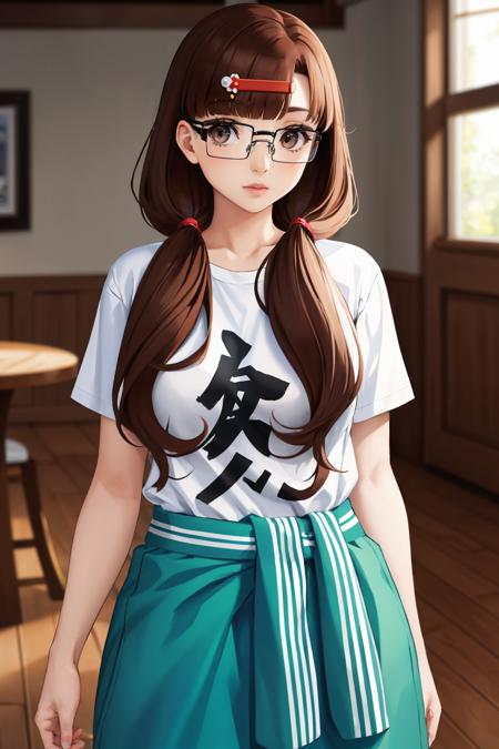 masterpiece, best quality,
<lora:zs_Kanami:1> kanamicasual, long hair, hair ornament, twintails, glasses, t-shirt, clothes around waist