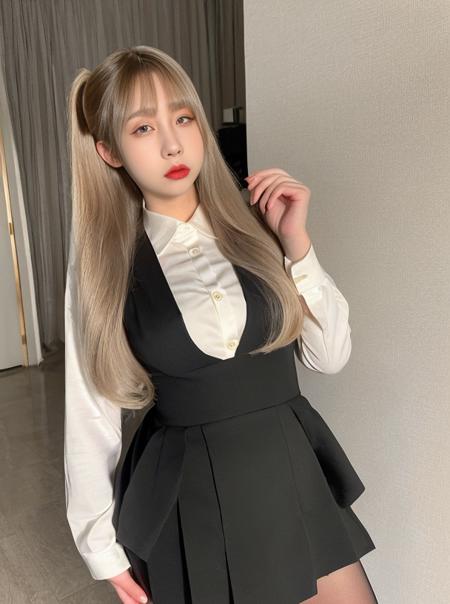 best quality, twintails,ultra high res, (photorealistic:1.4),(18 yo girl), serious, cute, pale skin, hands together in front, background street,(eyeshadow),(business suit),(dress shirt),(pencil skirt), pantyhose,peaceful neighborhood, sunlight,makeup,red lips,beauty,  <lora:koreanDollLikeness_v15:0.2> <lora:shiliuyelei-000004:0.85>