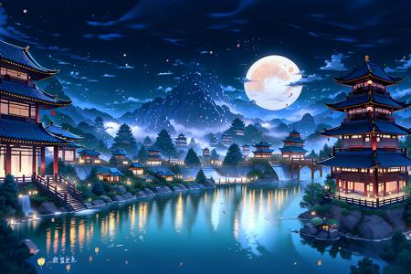 Chinese Architecture, Scene, East Asian Architectural Design, scenery, moon, architecture, tree, cloud, sky, full moon, east asian architecture, waterfall, night, water, outdoors, bridge, bird, pagoda, lantern, no humans, building, fog, mountain <lora:Ancient architecture:1>