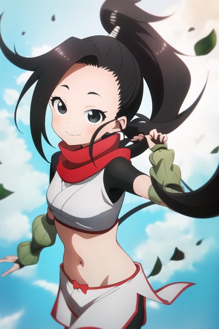 masterpiece, best quality, KunoTsubakiv1, black eyes, black hair, closed mouth, looking at viewer, shirt, long hair, solo, asymmetrical bangs, forehead, high ponytail, navel, ponytail,red scarf, scarf short sleeves, smile, pelvic curtain, shorts, green gloves, arm warmers, fingerless gloves, falling,