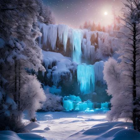 (masterpiece:1.2), (best quality,:1.2), 8k, HDR, ultra detailed, ((photorealistic)), professional light, cinematic lighting, fashion photography, ambient lighting, <lora:detail_slider_v4:2>, Ice, <lora:RealmsOfIce:1>, a frozen waterfall, moonlight, snowfall, epiCPhoto