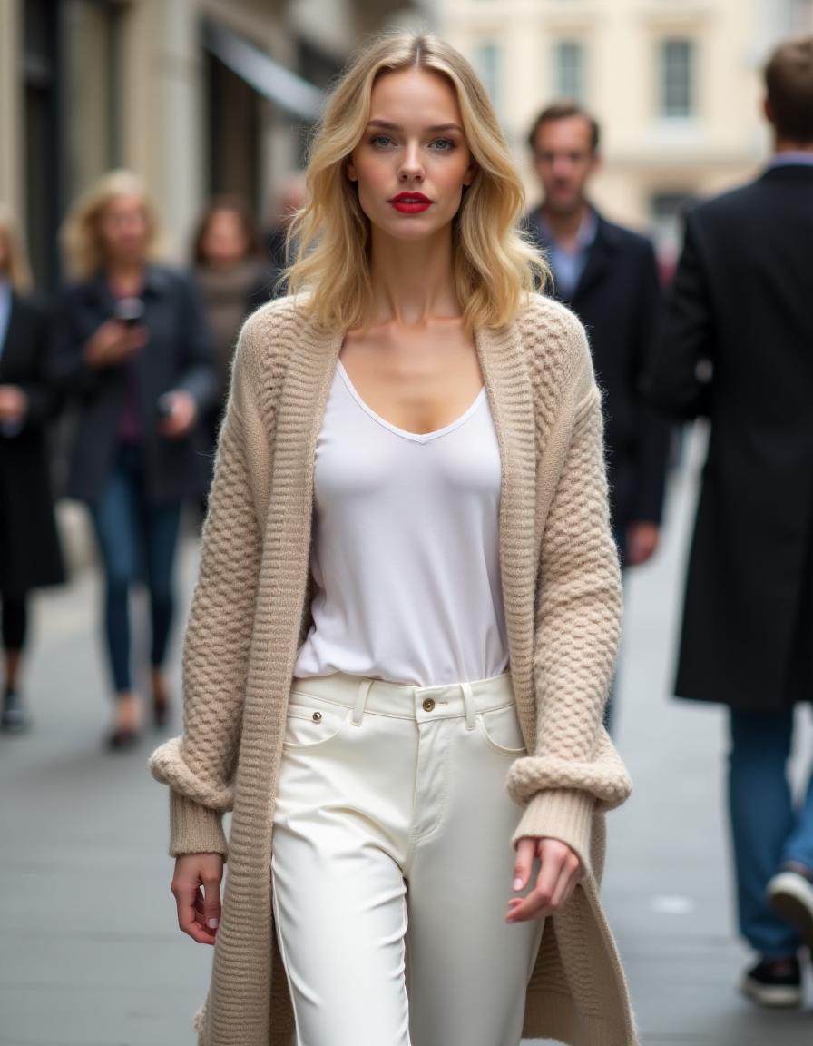 a petite 18 year old blonde woman, she has shoulder length wavy hair and blue eyes, she wears pale red lipstick
she's wearing long loose white trousers and a white top
she's wearing a long loose woolen cardigan open at the front
she's walking confidently along a busy street