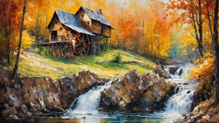 RAW, analog capture with Nikon Z 85mm lens, an acclaimed and alluring photograph recognized for its ((superlative quality)), hailed as a ((masterpiece)), an intricately detailed landscape, a waterfall in the woods, log houses built on hills, widescreen shot, water wheel, fall colors, steel mill, slow - shutter, stood outside a wooden cabin, simple gable roofs, captured with professional precision in 4k resolution. The scene unfolds amid the bloom of spring flowers, bathed in the warmth of god rays, creating a delicate and innocent ambiance. The photograph boasts high-resolution imaging, capturing every nuance of the subject's facial features with remarkable detail and sharp focus. The aesthetic appeal is heightened by the smooth rendering, offering an extremely detailed and realistic portrayal. Post-processing techniques further enhance the image, achieving maximum detail and conveying a sense of roughness reflective of real-life textures. The result is an ultra-realistic depiction, showcasing the artistry of photorealism in exquisite 8k UHD. The play of SEMI-SILHOUETTE light adds depth and dimension, reminiscent of impressionist painting techniques with brushstrokes and palette knife strokes. This expressive composition, inspired by the styles of Leonid Afremov, incorporates elements of (cell shading: 1.2) and a 2D visual aesthetic, akin to the richness found in oil paintings (oil painting: 1.2), all meticulously curated by the skilled hand of Carne Griffiths.