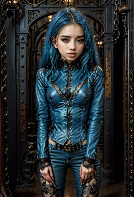 ((erotic masterpiece)), ((breathtaking)), An alluring portrait of a young, 21-year-old girl , perfect hourglass body, wearing a revealing erotic leather outfit, with intricate lace details and a lot torn areas, giving off a very seductive and slightly rebellious vibe. Her blue hair cascades down her back, framing her pale, captivating face. The background showcases a detailed  dark, industrial setting with many rusted chains and gothic architecture, adding to the seductive, tortured atmosphere. (absurdres, highres, ultra detailed), extremely detailed CG unity 8k wallpaper, intricate details, realistic