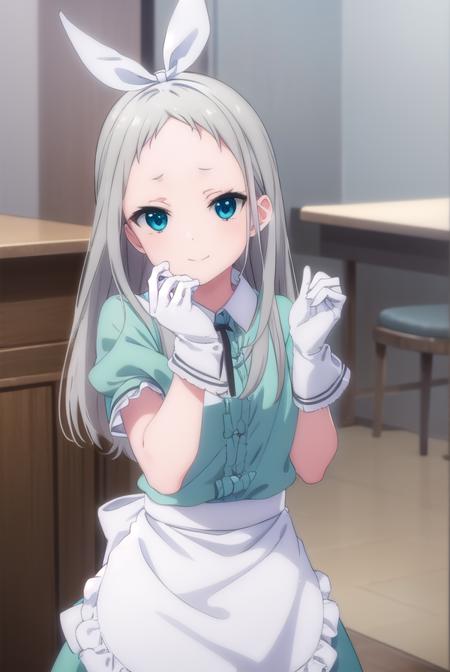 hideri kanzaki, long hair, bow, (green eyes:1.3), hair bow, grey hair, male focus, hairband, black hairband, otoko no ko, (forehead:1.2), gloves, dress, short sleeves, frills, puffy sleeves, white gloves, apron, puffy short sleeves, waist apron, white apron, frilled apron, waitress,