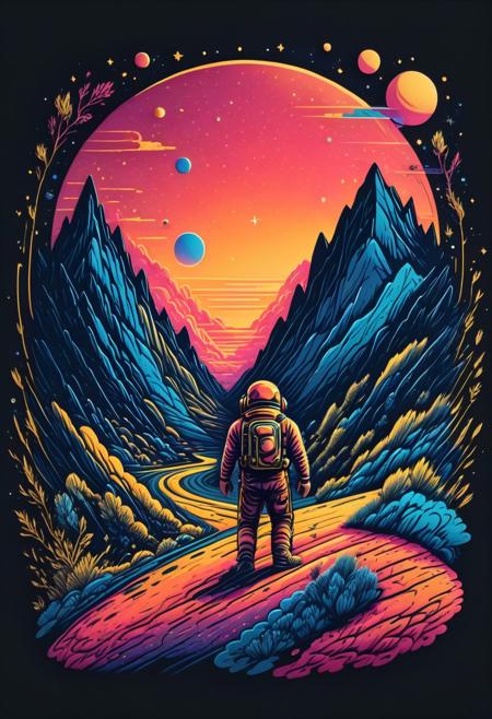 planet and an astronaut on a black background, in the style of dan mumford, bold lines, bright colors, color gradient, fairy tale illustrations, light yellow and indigo, light crimson and dark blue, dye-transfer <lora:EMS-295326-EMS:1.000000>