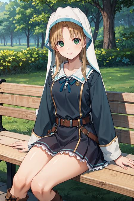 masterpiece,best quality,highres,ultra-detailed,bbasia,long hair,nun,green  dress,long dress,long sleeves,belt,long skirt,boots,<lora:asia_argento:0.8>,outdoors, bench, sitting, smile,