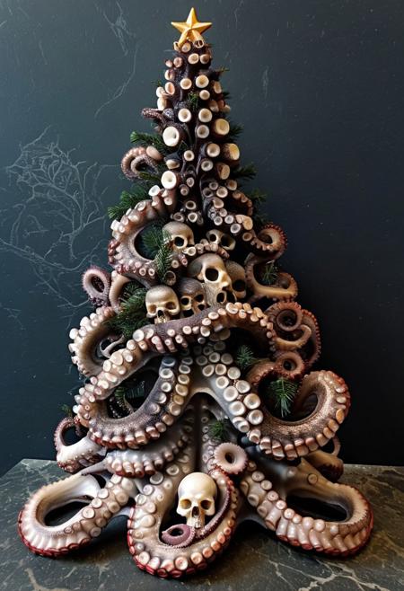 Gothic horror Christmas tree made of human skulls and curled octopus tentacles for branches. Detailed.