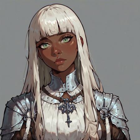 score_9, score_8_up, score_7_up, 1girl, solo, dark skin, thin nose, long hair, white hair, blunt bangs, bangs, light green eyes, white dress, medieval, dungeons and dragons, looking at viewer, simple background, semi realistic,