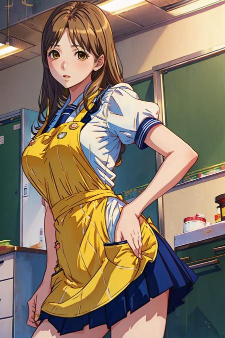 best quality, masterpiece, 1girl, solo, standing, <lora:yunokirina-photokano-richy-v1:1> yunoki rina, serafuku, school uniform, yellow apron, blue skirt