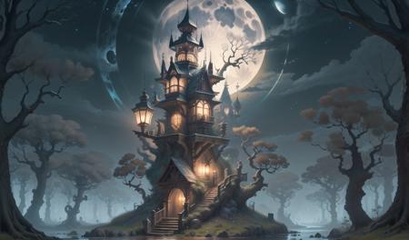 (((masterpiece))), ((best quality))fantasy,night,tree,Medieval fantasy world,Moonlight at night,wilderness,night