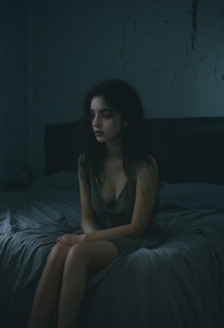 a dark lonely cold room, a thin girl sits hanging her shoulders on the bed, her dark hair dirty, a black stain in place of her face, dull tones, evening, contrasting shadows, dull cloudy sky, luminous blurred photo, grainy film effect, konica minolta zoom 60, blurred shapes, Diane Arbus photo style