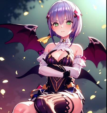 1girl, solo, girl, prahsts, green eyes, wings, hair ornament, short hair, purple hair,  wings, bangs,medium breasts, bare shoulders, gloves,,<lora:prahsts:1>,