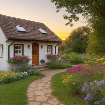 A cozy countryside cottage surrounded by colorful flowers, with a clear blue sky and a warm sunset in the background. A stone path leads to the front door, and a cat naps on the porch