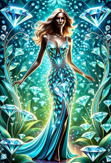 diamondMW,
A surrealist modern fashion illustration featuring glowing bioluminescent colors and dynamic movement.  Stylized figures with elongated features and countless diamonds are set against a floral background with botanical elements.  The image uses blurred lines and action poses, along with natural light effects and vibrant glows, to create a dreamlike and fantastical atmosphere.